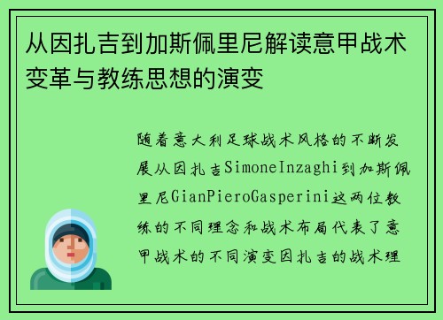 从因扎吉到加斯佩里尼解读意甲战术变革与教练思想的演变