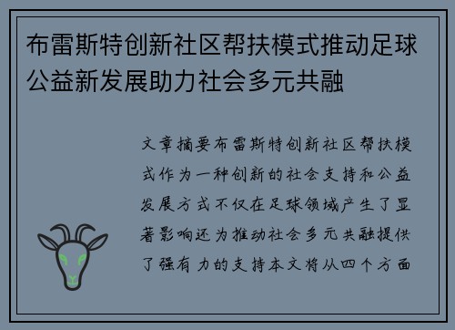 布雷斯特创新社区帮扶模式推动足球公益新发展助力社会多元共融