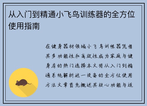 从入门到精通小飞鸟训练器的全方位使用指南